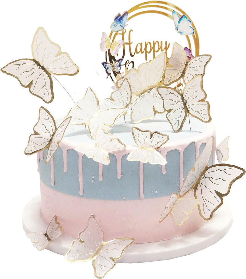 Butterfly Cake Toppers Decorations - 1 Big Happy Birthday Cake Topper & 15Pcs 3D Pink Gold Cupcake Toppers - Party Supplies for Decorating Baby Shower Girl'S Birthday