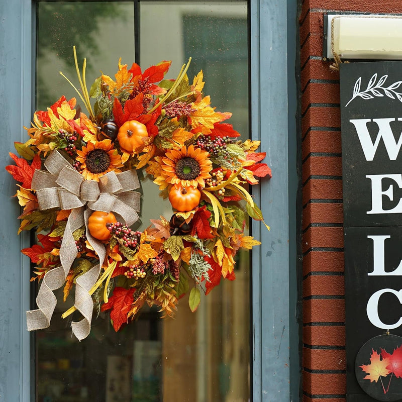 Fall Wreaths for Front Door, Sunflower Autumn Wreath, Pumpkins and Burlap Bows, for Halloween Christmas Farmhouse Indoor Outdoor Outside