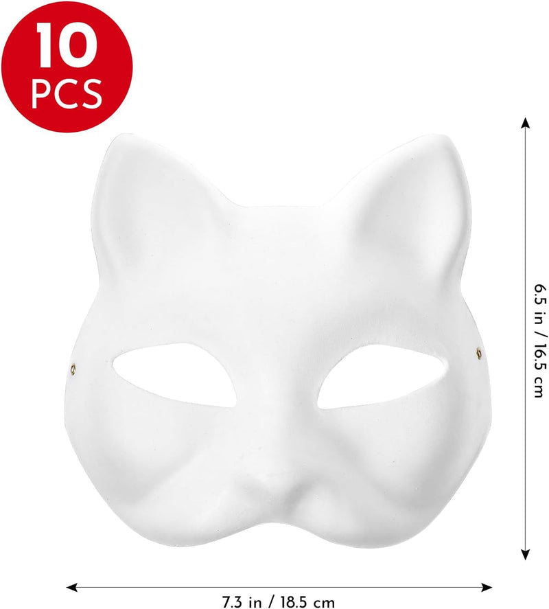 10PCS Cat Mask Therian Masks White Cat Masks to Paint Blank Animal Dress up Masks DIY White Masks Half for Masquerade Halloween Kids Cosplay Masks Costume Party Favors