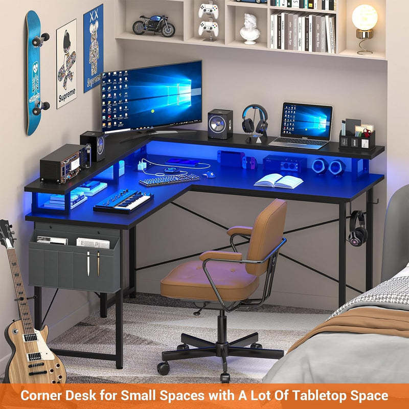 Armocity L Shaped Computer Desk with Power Outlets, Gaming Desk L Shaped with LED Lights, Corner Desk with Storage Shelves, Work Study Desk for Bedroom, Home Office Small Spaces, 47'', Black