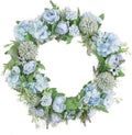 15.7Inch Artificial Light Blue Hydrangea and Peony Floral Spring Wreath Silk Peony Wreath with Green Leaves Welcome Front Door Wreath for Wedding Wall Home Decor