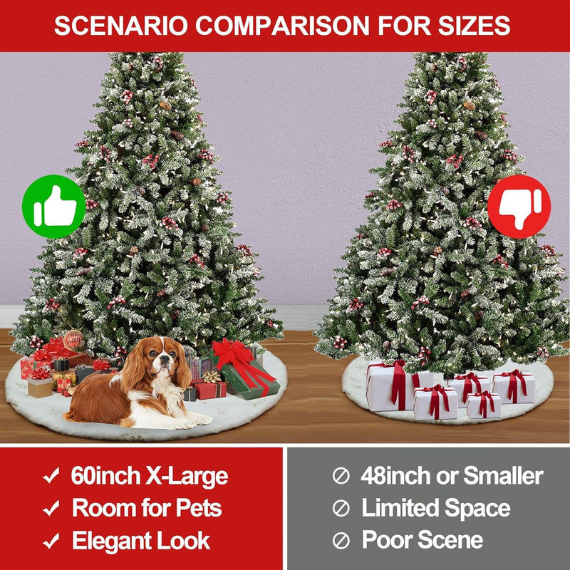 60 Inch Large Christmas Tree Skirt Snow White Soft Faux Fur Skirt with Golden Sequin Snow Flakes Xmas Holiday Home Party Decorations