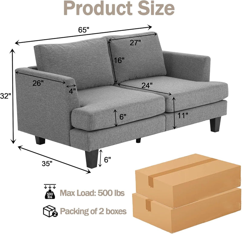 3 Seater Sofa Couch, Mid Century Modern Upholstered Sofa, Comfy Couches with Deep Seats Fabric Surface Square Armrest and Wood Legs for Living Room and Apartment (Grey, 65Inch-Loveseat)