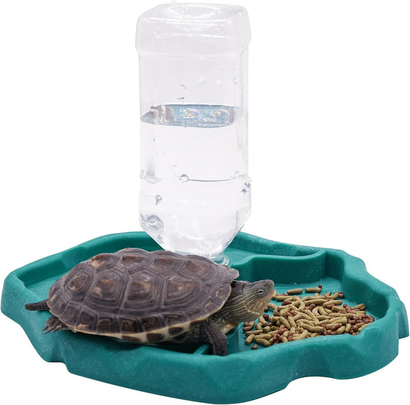 2 in 1 Reptile Water Dish & Food Dish with Bottle, Automatic Refilling Water Bowl for Tortoise Hermit Crab Turtle Bearded Dragon Lizard Gecko Frog, Large Reptiles Feeding Dispenser(Blue)