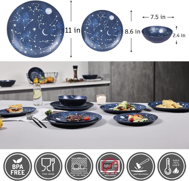 12 Piece Melamine Dinnerware Sets for 4 - Starry Pattern Camping Dishes Set for Indoor and Outdoor Use, Dishwasher Safe Plates and Bowls Sets, Dark Blue