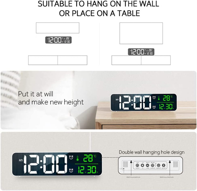 Digital Large Display Alarm Clock for Living Room Office Bedroom Decor LED Electronic Date Temp Display Wall Electric Clocks Automatic Brightness Dimmer Smart Cool Modern Desk Accessories Black