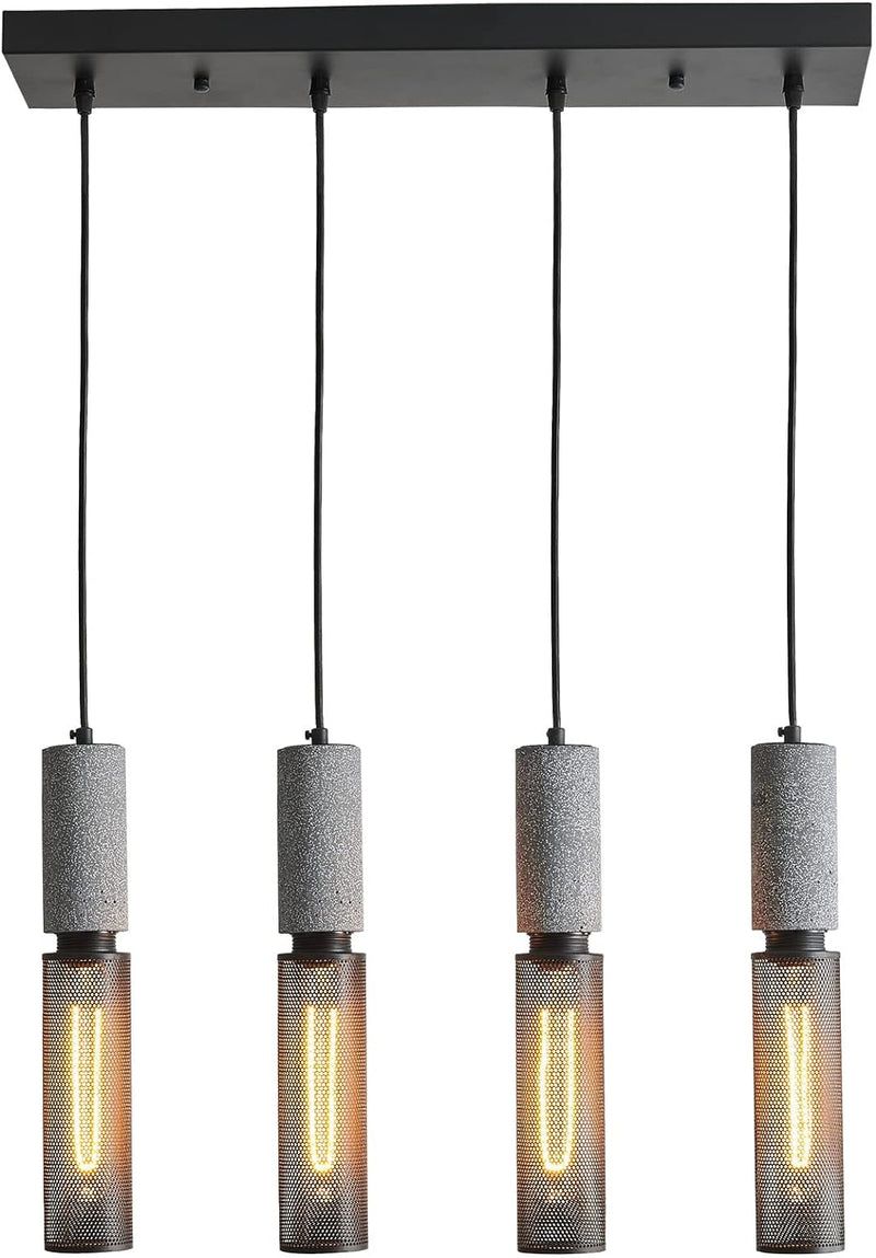 5-Light Concrete Linear Pendant Light with a Metal Mesh Shade,Modern Industrial Hanging Cement Pendant Lighting for Kitchen Island Bedroom Living Room Dining Room Light Fixture