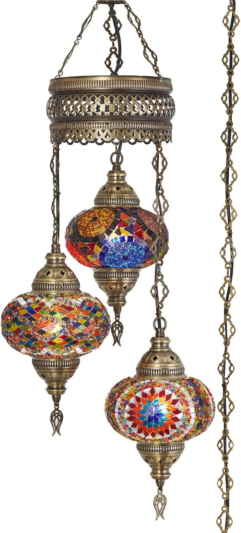 DEMMEX Turkish Moroccan Mosaic Swag Plug in Chandelier Light Ceiling Hanging Lamp Pendant Light Fixture, 3 Big Globes (3 X 7 Globes Swag Plug In)