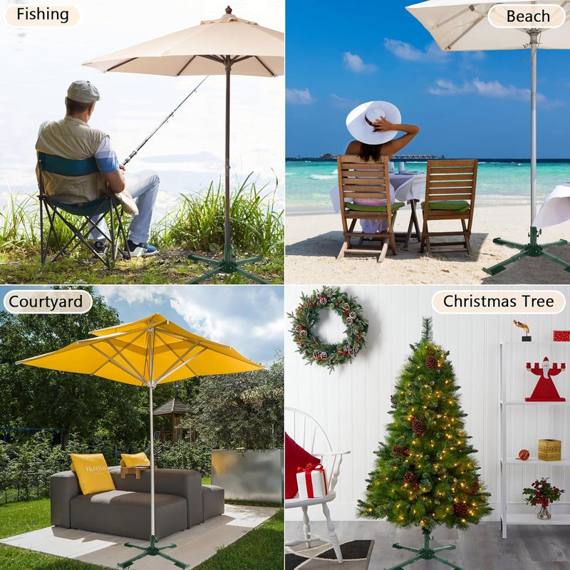 Christmas Tree Stand Metal, Artificial Christmas Tree Base Holder Folding, Beach Umbrella Stand Iron Heavy Duty Quadripod Base Stand Portable for Any Live Tree (Green)