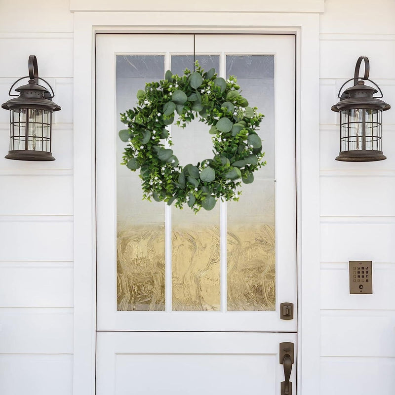 Artificial Eucalyptus Wreath for Front Door, Green Eucalyptus Leaves with White Flower Wreath Spring Summer Wreath for Wall Window Festival Thanksgiving Farmhouse Garden Home Decor