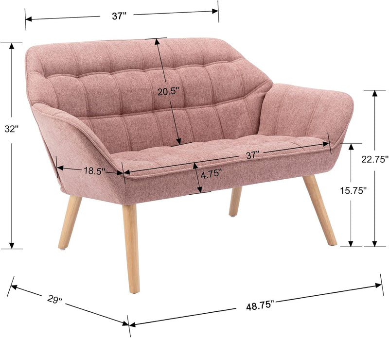 48'' Small Loveseat Sofa, Modern Linen Fabric Mini Sofa Couch 2-Seater Love Seat with Quilting Backs and Wood Legs for Living Room, Bedroom Space, Pink Pink; Linen