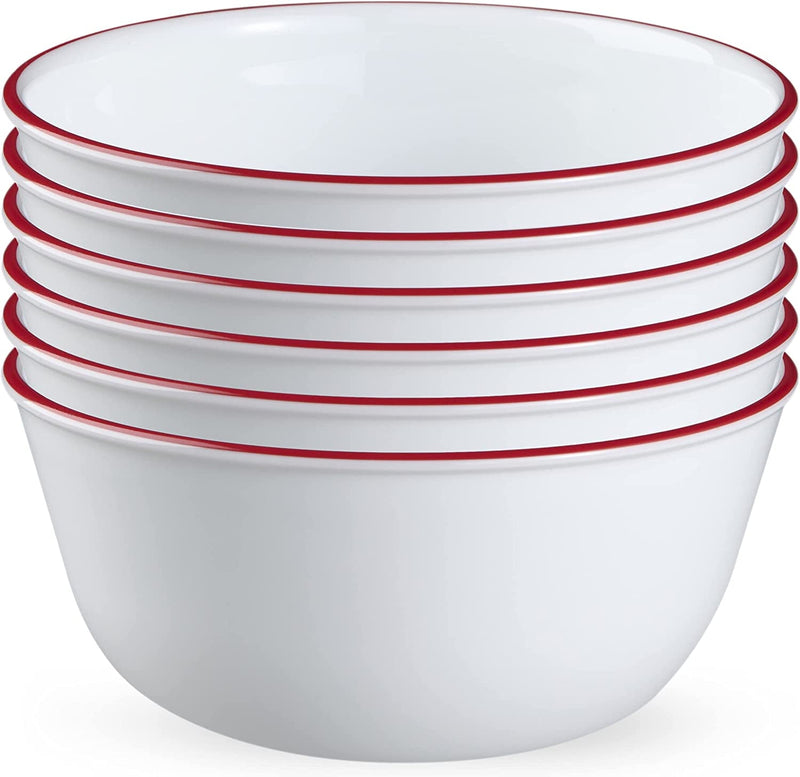 Corelle Vitrelle 78-Piece Service for 12 Dinnerware Set, Triple Layer Glass and Chip Resistant, Lightweight round Plates and Bowls Set, Splendor & Glass 28Oz Red Band Bowl 6Pk