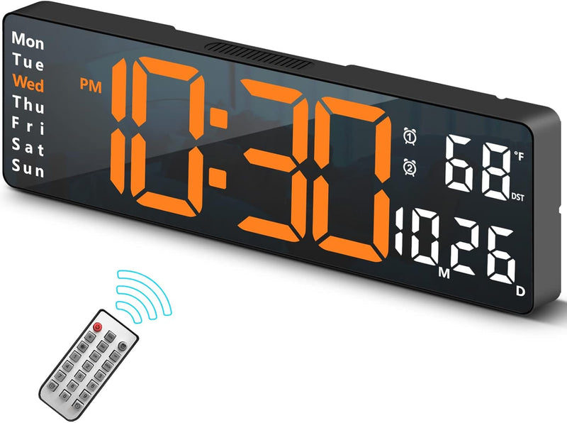 Digital Wall Clock Large Display, 16.2 Inch , LED Digital Clock with Remote Control for Living Room Decor, Automatic Brightness Dimmer with Date Week Temperature (Orange)