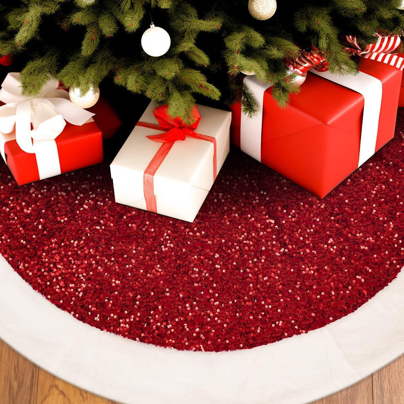 Christmas Tree Skirt, 48 Inches, Sparkling Red Sequin with White Faux Fur, for Xmas Holiday Home Decorations Christmas Decor (48 Inches)