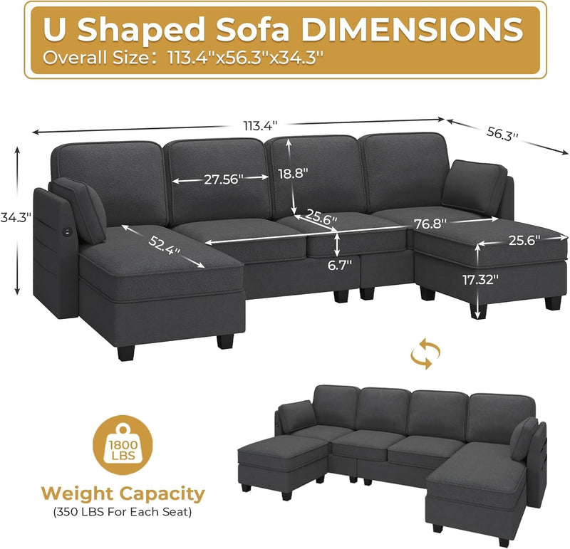 113'' Sectional Couches with Storage Seats and USB Ports U Shaped Convertible Sofa Couch with Reversible Chaise Chenille Modular Sectional Sofa Couches with Ottomans for Living Room,Grey