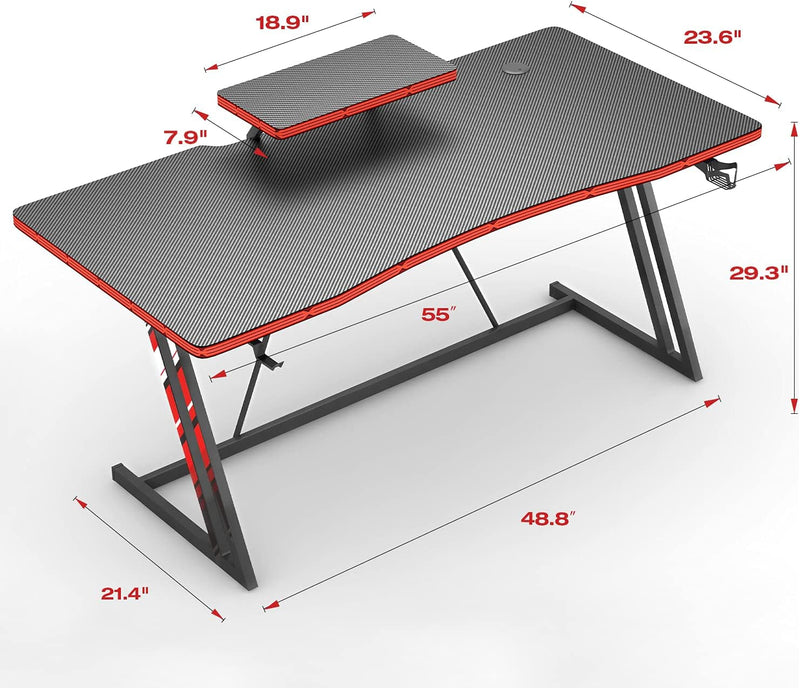 Furmax 55 Inch Gaming Desk PC Computer Table Racing Style Home Office Desk Z Shaped Carbon Fiber Desktop Gamer Workstation with Monitor Stand Cup Holder and Headphone Hook (55 Inch)