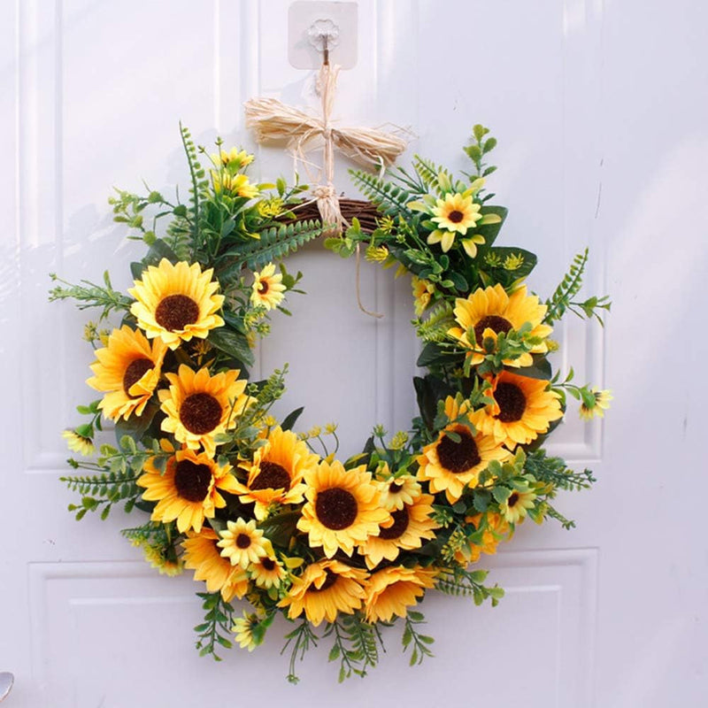 DAMEING Artificial Sunflower Summer Wreath, 15.7Inch Decorative Floral Wreath with Yellow Sunflower and Green Leaves Front Door Wreaths for All Seasons