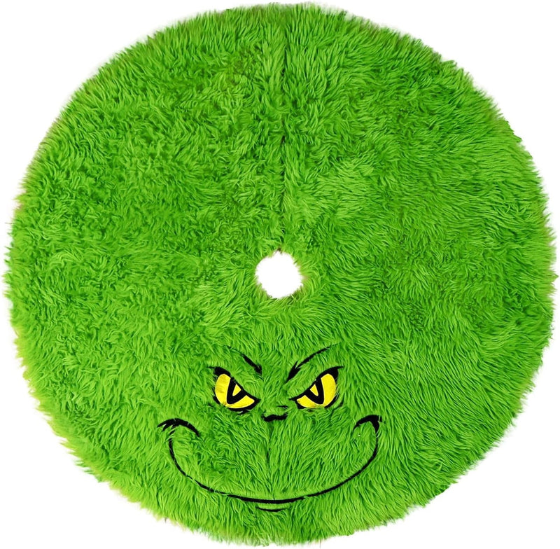 Christmas Tree Skirt: 36 Inch Faux Fur Christmas Spirit Tree Skirt with Funny Green Face, Lush Green Fuzzy Textured Tree Dress, Soft Christmas Décor for Artificial Trees Home Gifts Party