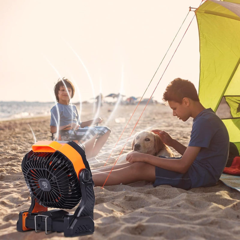 Camping Fan with LED Lantern, Portable Fan Rechargeable Battery Powered Fan for Outdoor Camping Fans, 270°Head Rotation Beach Fan, Quiet Table Fan Battery Operated USB Fan for Tent Picnic Orange X26