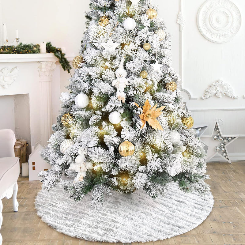 Dremisland Christmas Tree Skirt White&Silver Bronzing Luxury Faux Fur Tree Skirt with Sequin Stripes Soft Plush Xmas Tree Skirt for Winter Party Holiday Xmas Decorations (Sliver, 36Inch/90Cm)