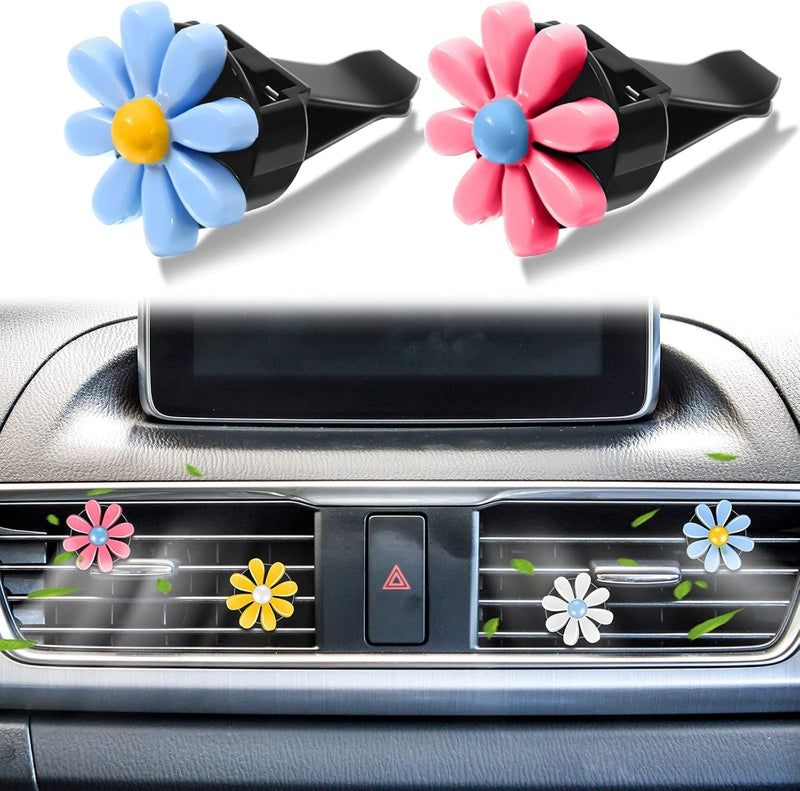 Cute Steering Wheel Cover Flower Steering Wheel Cover Floral Steering Wheel Cover for Women with 4 Pieces Cute Flowers Car Air Vent Clips for Women Car Decorations (Daisy Style)