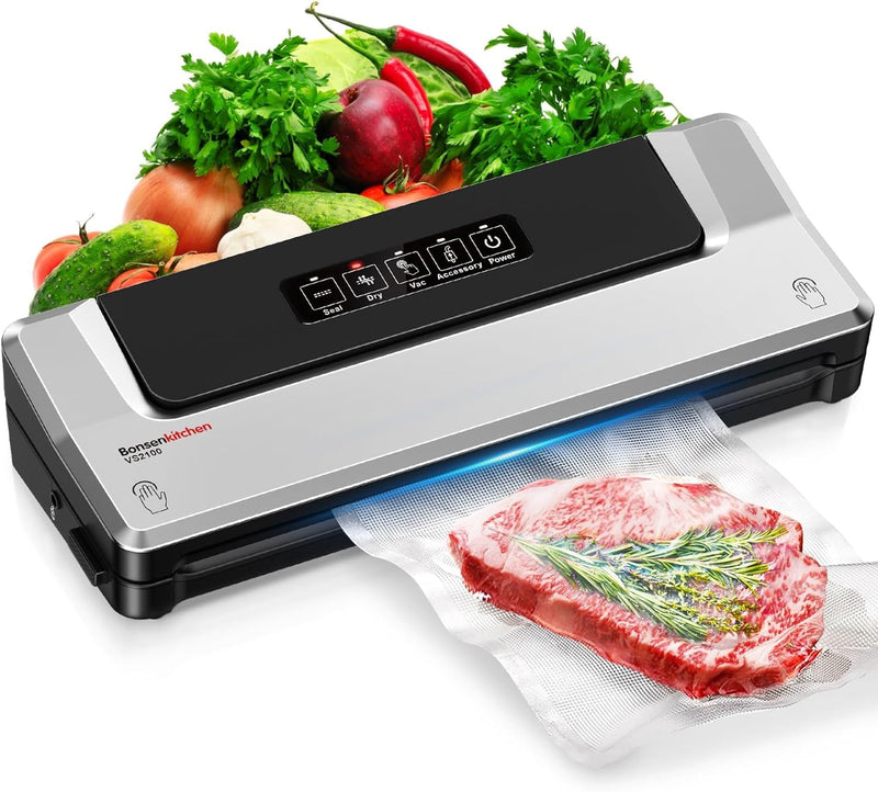 Bonsenkitchen Vacuum Sealer Machine, Fast-Compact Food Sealer, Multi-Functional Food Vacuum Sealer with 5 Vacuum Bags & Accessory Hose, Globefish Technology for High-Speed Continuous Working, Silver