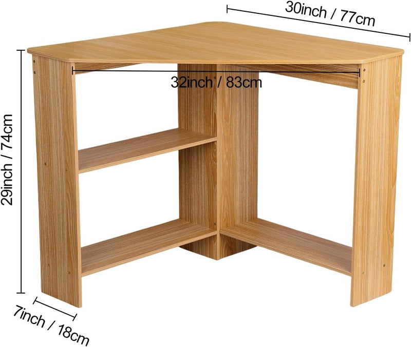 Corner Desk, Small Computer Desk with Drawers and Storage Shelves, Triangle Corner Computer Desk Writing Study Table for Home, Office, Workstation, Bedroom Light Brown