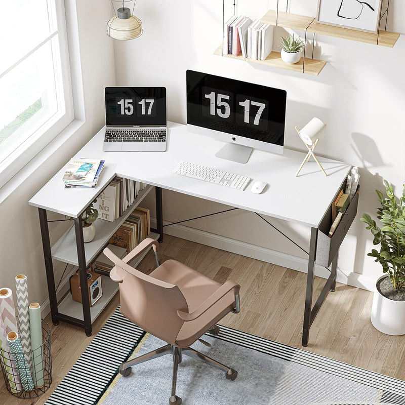 BANTI L Shaped Small Computer Desk with Storage Shelves, 55" Home Office Small Corner Desk Study Writing Table, White Top/Black Frame