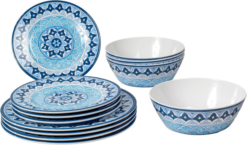 By Tarhong Blue Fontana 12-Piece Melamine Dinnerware Set, 4 Dinner Plates, 4 Salad Plates, 4 Bowls, Dishwasher Safe, Durable