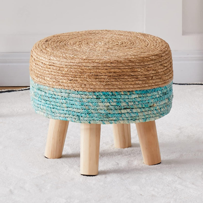 Cpintltr Foot Stool Natural Seagrass Hand Weave Poufs round Ottoman for Couch Desk Soft Step Stool Padded Foot Rest with Non-Skid Pine Legs for Hallway Office Lounge Natural