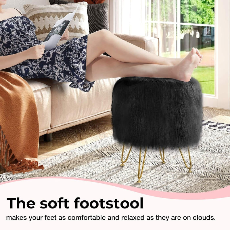 GREENSTELL Vanity Stool Chair with Storage, 13.5" W X 18" H round Faux Fur Ottoman with 4 Metal Legs, Furry Padded Seat, Modern Multifunctional Makeup Stool for Bedroom Living Room Black