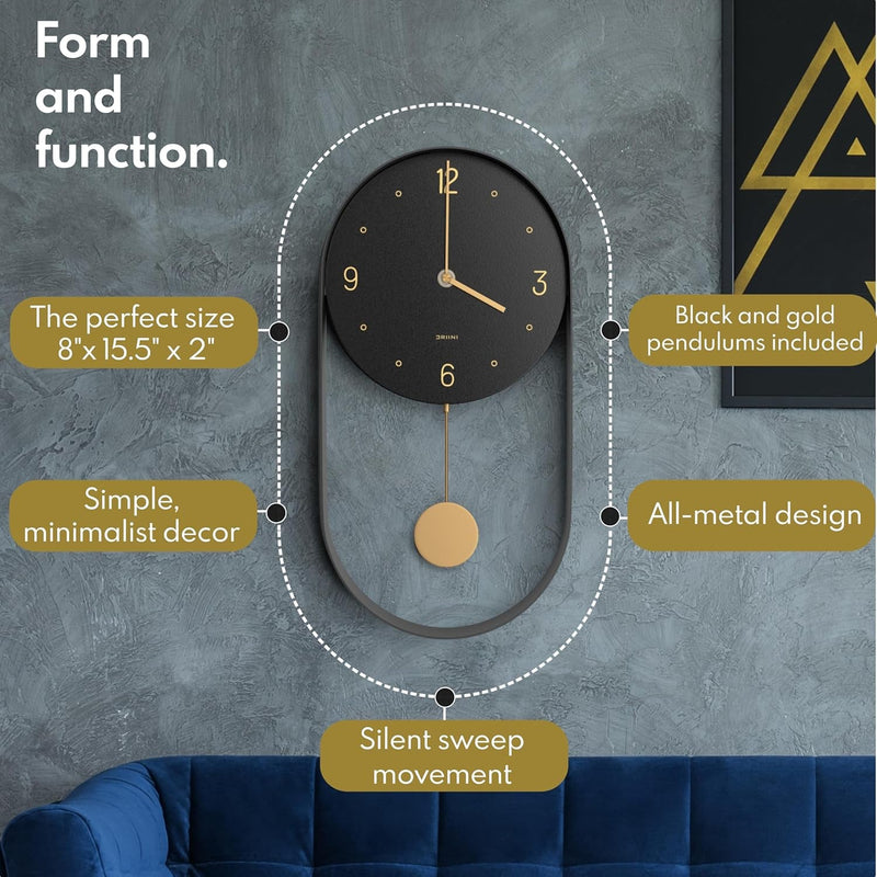 Driini Modern Pendulum Wall Clock - Decorative and Unique Metal Frame, with 8 Inch Face - Contemporary, Minimalist Design, with Silent Battery Operation - Includes Both Black and Gold Pendelum