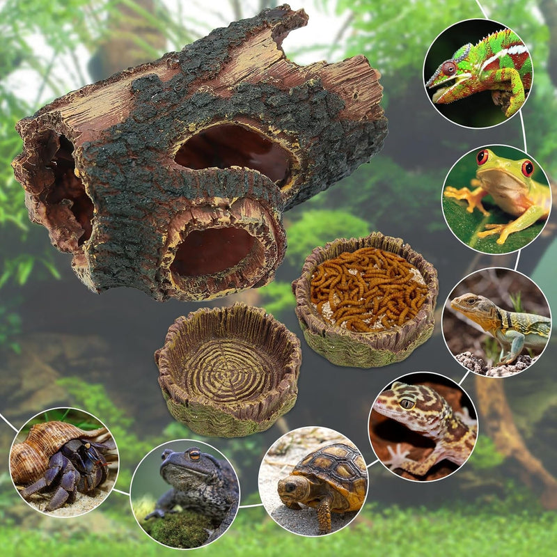 3Pcs Reptile Hide Cave Small Lizard Reptile Food＆Water Bearded Dragon Bowls Accessories,Natural Resin Hollow Tree Trunk Hideout,Hermit Crab Supplies Trunk Snake Gecko Frogs Fish Tanks Decor