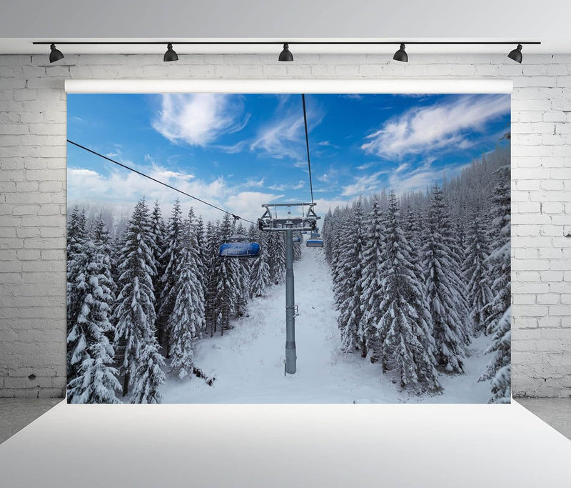 BELECO 8X6Ft Fabric Winter Ski Resort Backdrop Snowy Mountain Cableway Station Fir Trees Background Winter Theme Kids Birthday Party Decor Photo Studio Props