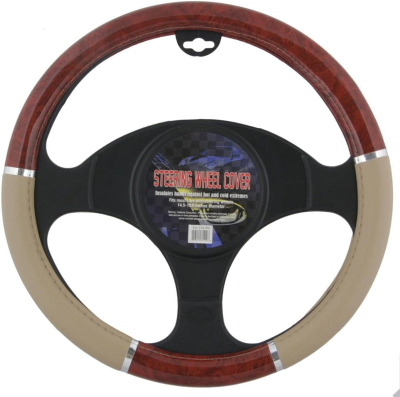 BDK Dark Wood Grain Car Steering Wheel Cover, Standard 15 Inch with Beige Faux Leather Grip, Made to Fit Most Auto Truck Van SUV