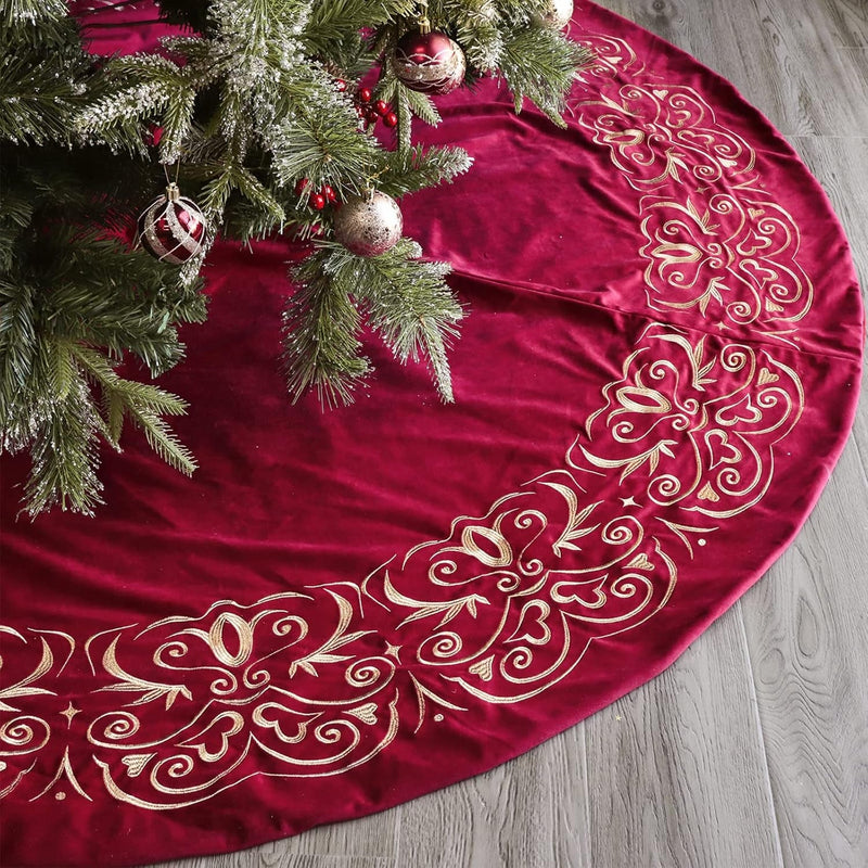 Christmas Tree Skirt, 60 Inch Red Christmas Tree, Large Rustic Velvet Fur Plush Tree Skirts, Xmas Tree Skirts with Gold Embroidered Holly Leaf for Christmas Tree Decorations