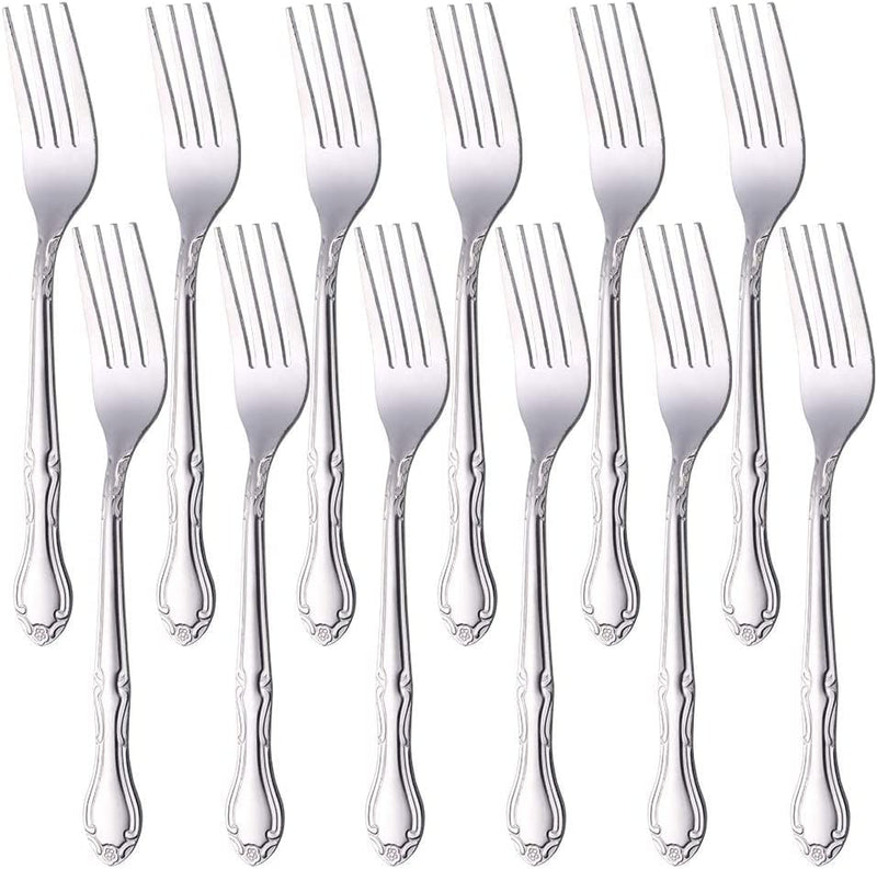 Dinner Fork Salad Dessert Forks Rose Pattern 12 Pieces, BUY&USE Silver Stainless Steel 7.3-Inch Flatware