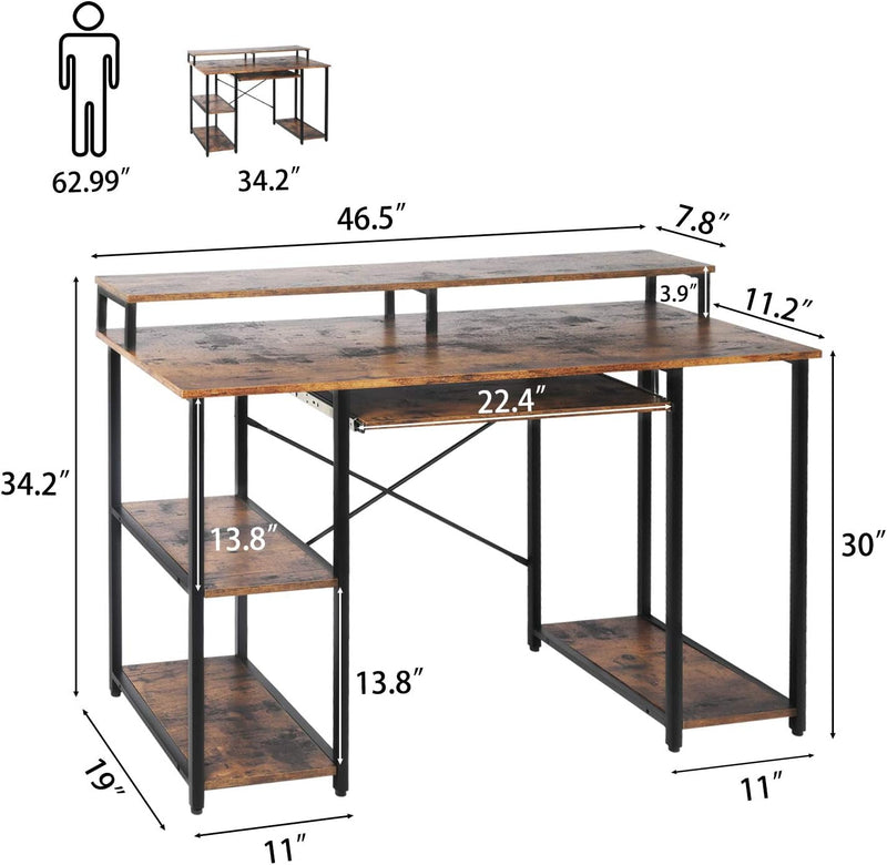 Computer Desk with Keyboard Tay, Industrial Home Office Desk with Hutch/A 2-Tie Bookshelf/Cpu Stand/Monitor Stand, Study Desk for Small Space,Pc Laptop Table Workstation, Saving Space