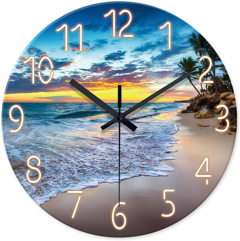 Beach Wall Clock Battery Operated 12 Inch - Glass Wall Clock Non Ticking - Analog Blue Wall Clock for Bedroom Living Room Kitchen Bathroom Office