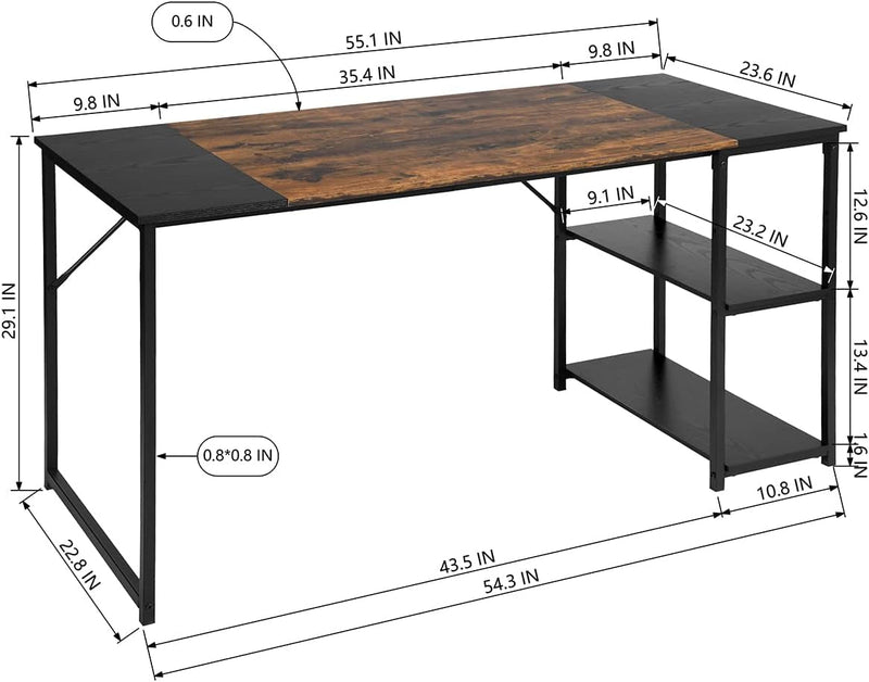 Furniturer 55 Inch Rustic Student Laptop Writing Storage Shelves Space Saving for Home Office, Simple PC Metal Frame Computer Desk, Brown&Black