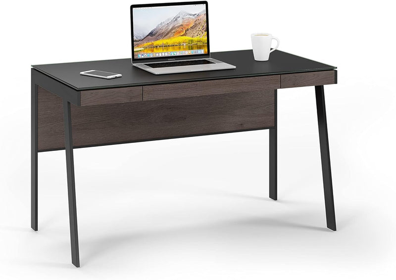 BDI Furniture Sigma 6903-48'' Computer Desk for Home or Office with Wire Management, Keyboard Drawer, Modest Panel, Satin-Etched Tempered Glass Top, Sepia