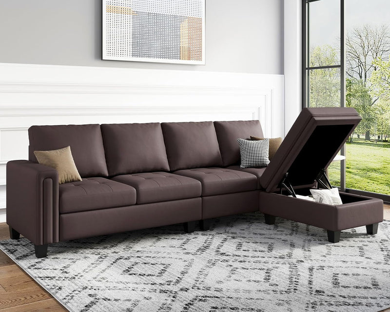 Belffin Faux Leather Convertible Sectional Sofa Couch L Shaped Couch Sofa with Reversible Chaise Leather Corner Sectional 4 Seat Sofa with Storage Ottoman Brown