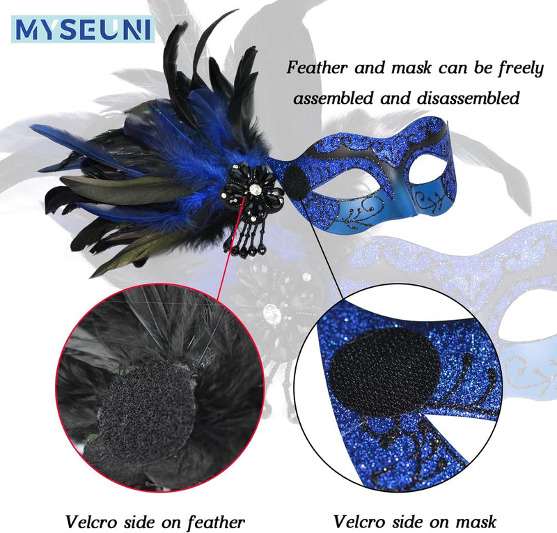 2024 New Blue and Black Masquerade Mask for Women with Feathers - Womens Mascarade Venetian Mask for Masquerade Party, Mardi Gras, Halloween Cosplay Prom, Christmas