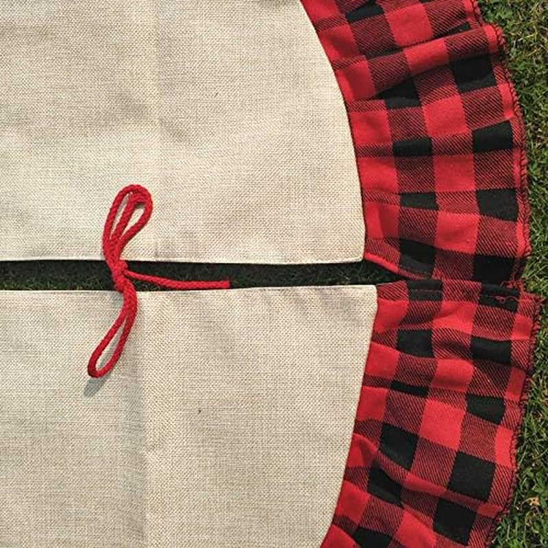 48Inch Christmas Tree Skirt Buffalo Plaid Ruffled Burlap Tree Skirt Rustic Xmas Holiday Decoration