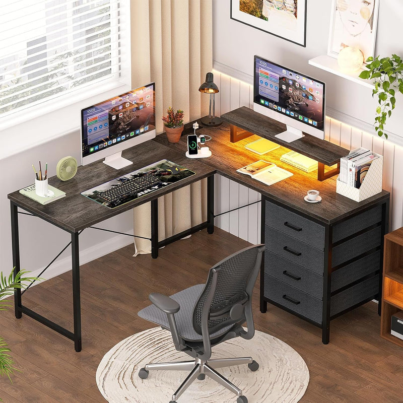 Homieasy L Shaped Desk with Drawers & Power Outlets, Reversible Computer Desk with LED Light and Monitor Stand, 50 Inch Home Office Gaming Work Study Desk with 4 Storage Drawers, Black Oak