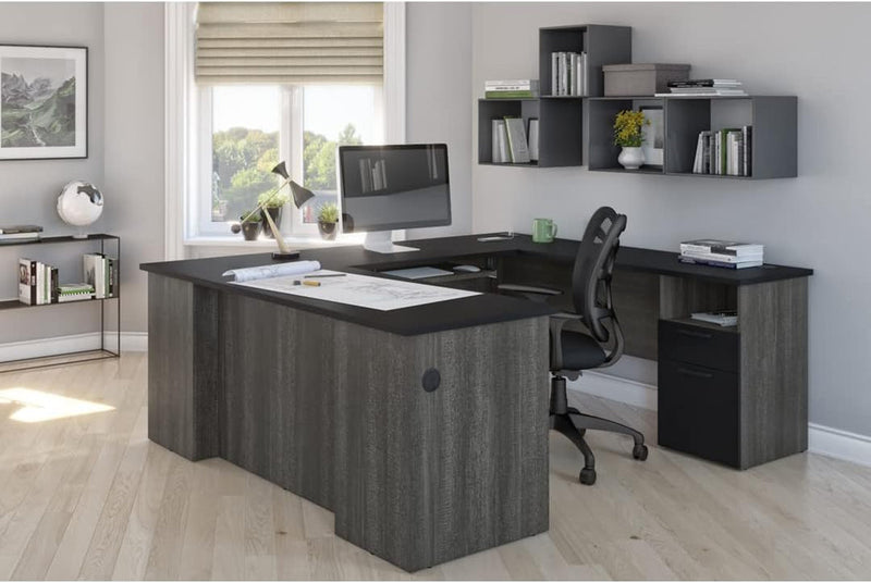 Bestar Norma U or L-Shaped Desk, 71W, Black & Bark Gray