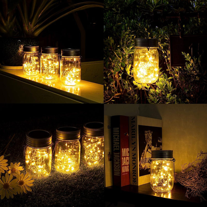 GIGALUMI Hanging Solar Mason Jar Lights, 6 Pack 30 Led String Fairy Lights Hanging Solar Lanterns Outdoor Waterproof, Hangers and Jars Included, Outdoor Decor for Christmas, Wedding, Garden, Patio