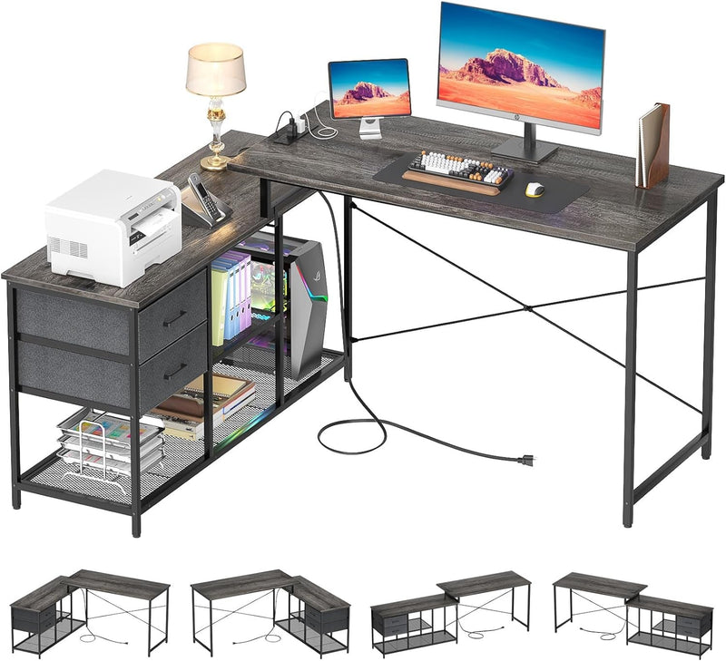 Homieasy Reversible L Shaped Desk with Power Outlet, Corner Computer Desk with Drawers and Storage Shelves, L-Shaped Long Home Office Desk Study Writing Desk Gaming Desk, Grey Oak