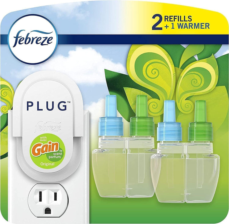 Febreze Plug in Air Fresheners for Home, Air Freshener Plug In, Gain Scent, Odor Fighter for Strong Odors, 1 Warmer + 2 Oil Refills