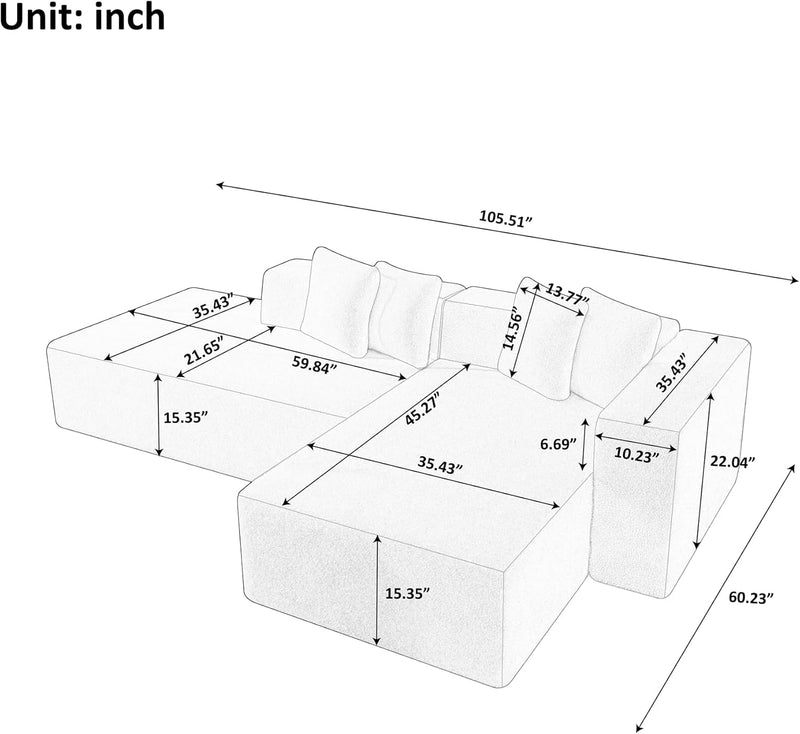 105.5 X 60.2 Sectional Sofa L Shaped Couch with Sherpa Fabric, 3 Seat Corner Sofa Couch, Modern Upholstered Couch with 4 Pillow Left Chaise Lounge for Living Room Apartment Office